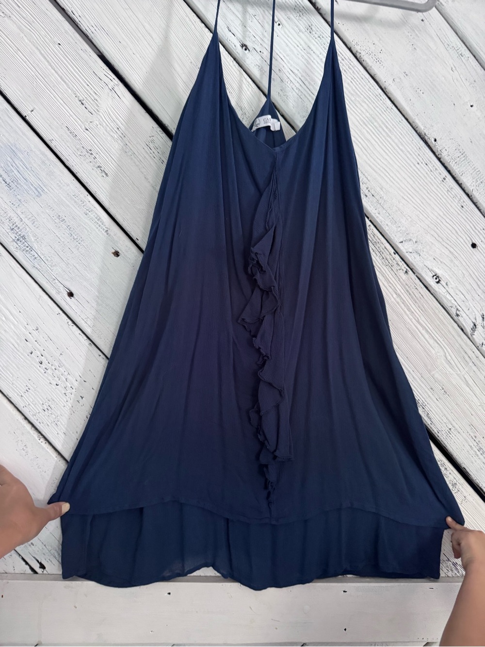 Carve Designs Navy Ruffle-Front Spaghetti Strap Tunic Dress